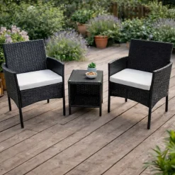 Salon de jardin 2 fauteuils et table basse tressée noir