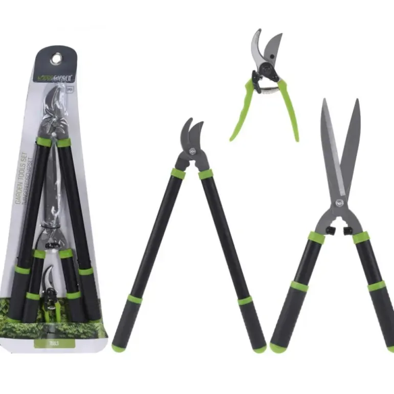 Set 3 outils jardin: cisaille alu 20cm + cisaille-haie 52cm + sécateur