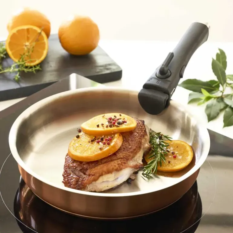 Set 3 poêles acier inox 20/24/26cm + manche amovible 496-816g