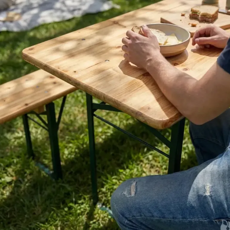 Table Extérieure en Pin Massif 177 cm avec 2 Bancs Bois / métal