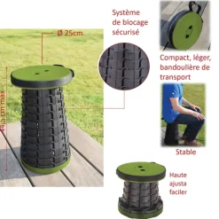 Tabouret télescopique kaki et noir réglable en hauteur de 6 à 45 cm