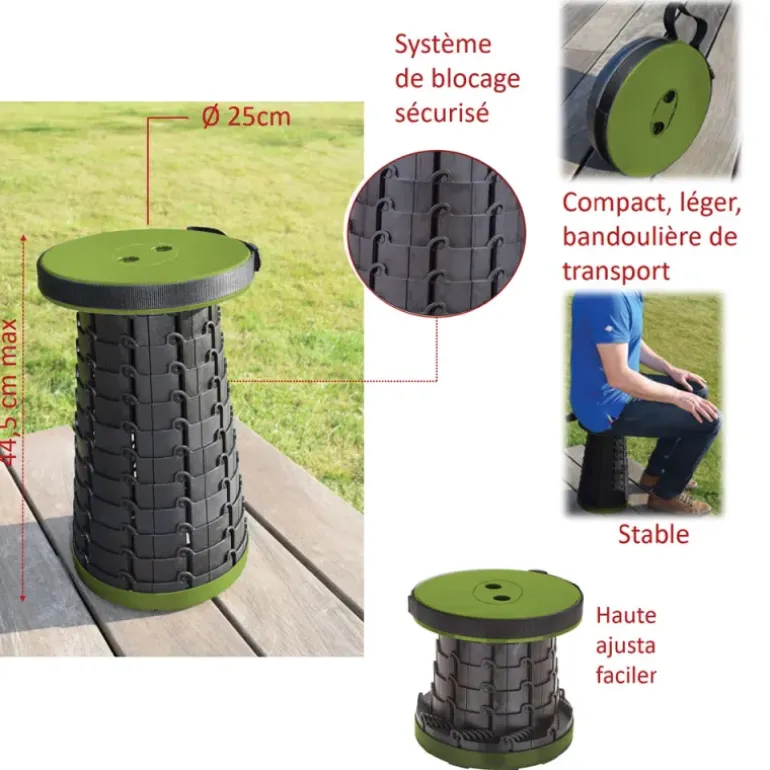 Tabouret télescopique kaki et noir réglable en hauteur de 6 à 45 cm