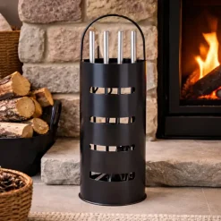 Valet de cheminée métal noir 5 pièces Outils feu bois 65 cm