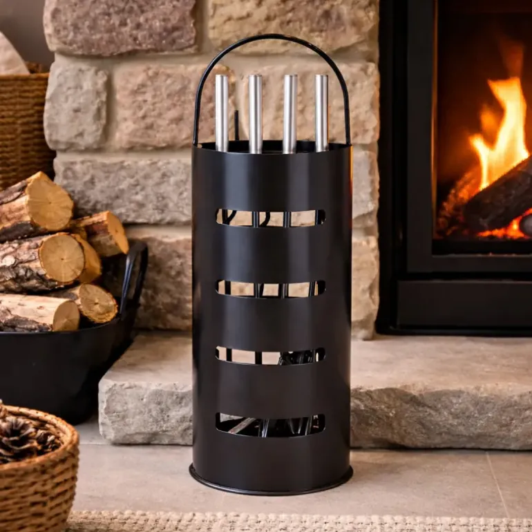 Valet de cheminée métal noir 5 pièces Outils feu bois 65 cm